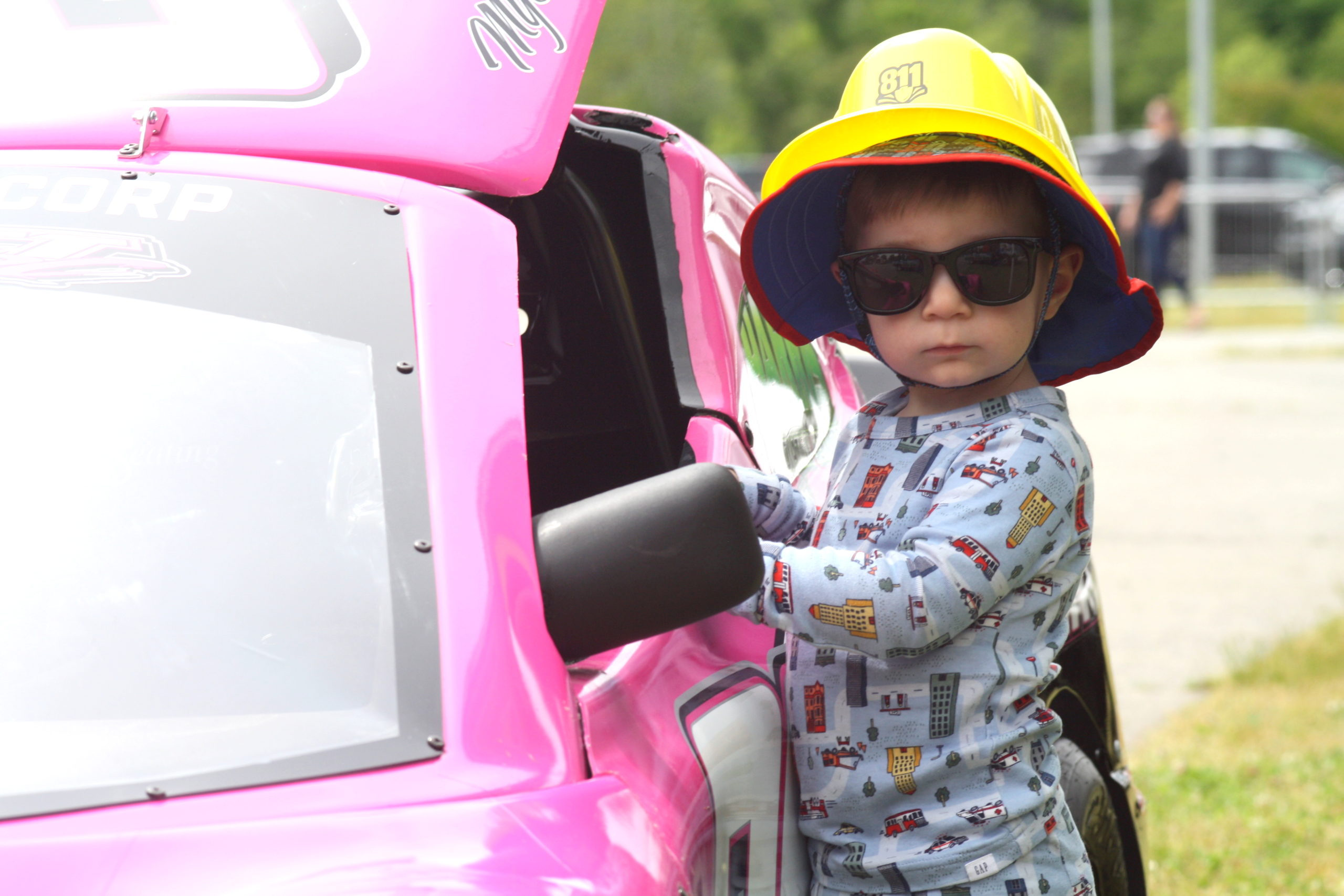 Jaxson Lundberg, 2, of East Hartford, Connecticut, is ready to tear down the track in the 811.com racecar.